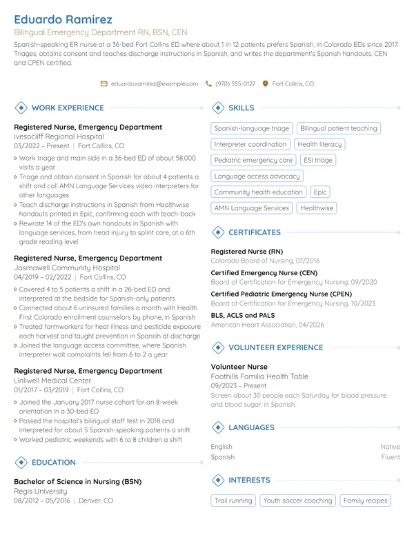 Bilingual ER Nurse resume example
