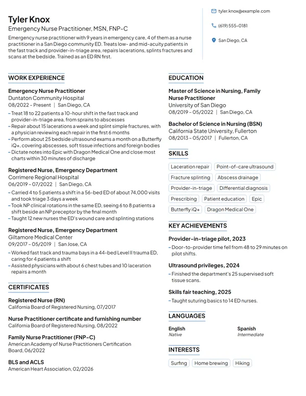 Emergency Nurse Practitioner resume example