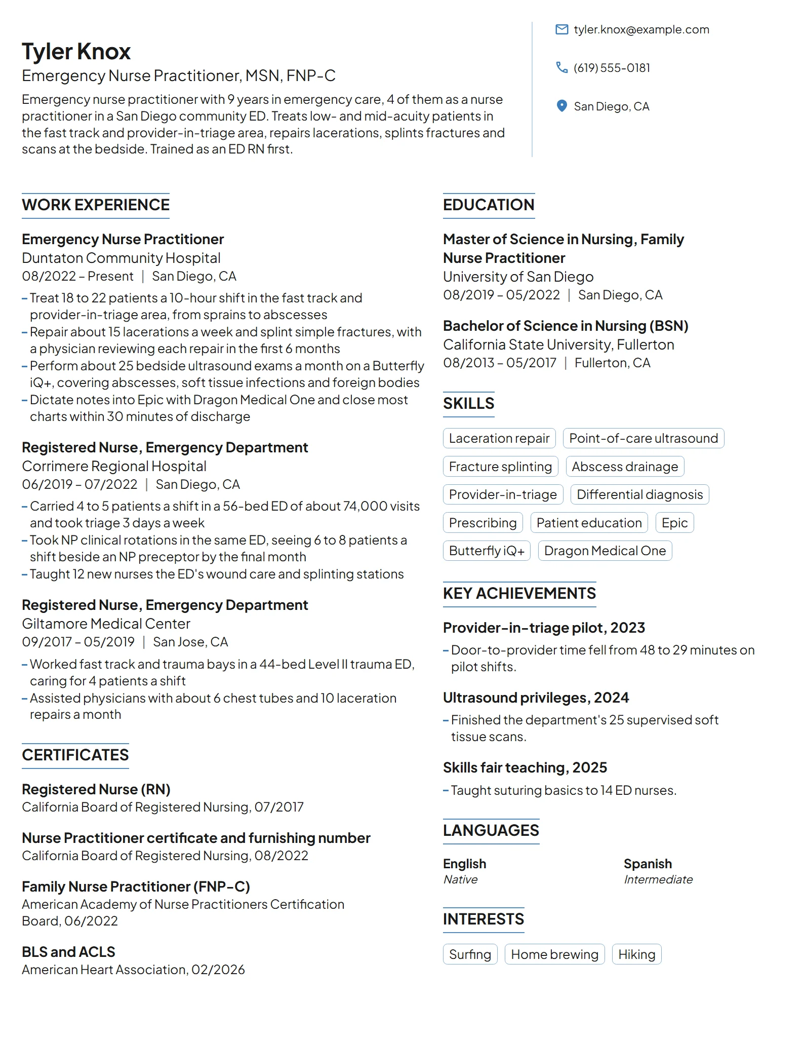 Emergency Nurse Practitioner resume example