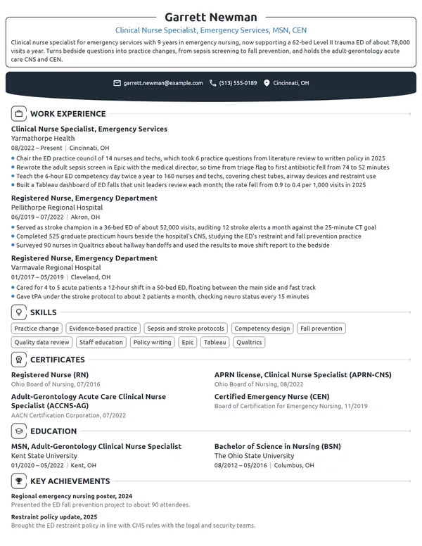 ER Clinical Nurse Specialist resume example