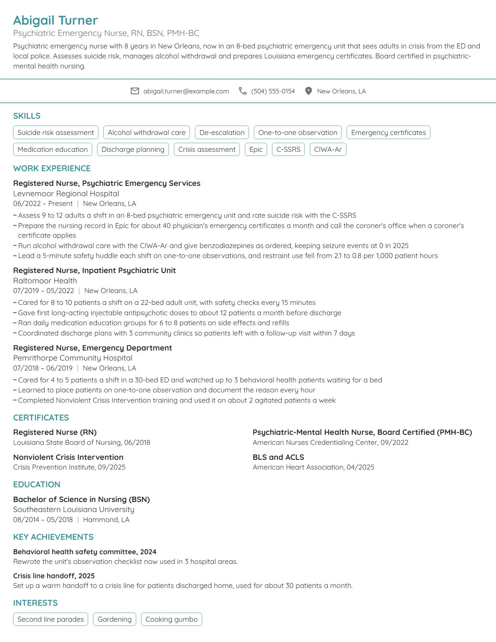 Psychiatric Emergency Nurse resume example