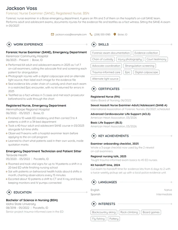 Sexual Assault Nurse Examiner (SANE) resume example