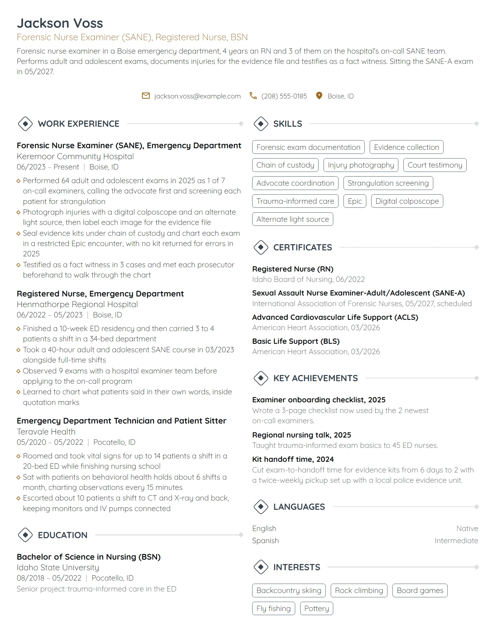 Sexual Assault Nurse Examiner (SANE) resume example
