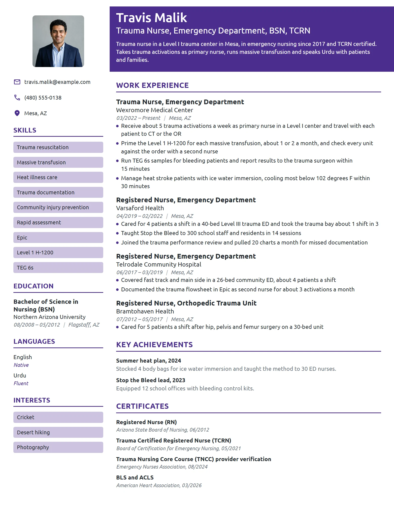 Trauma Nurse resume example