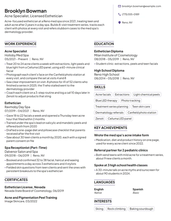 Acne Specialist resume example