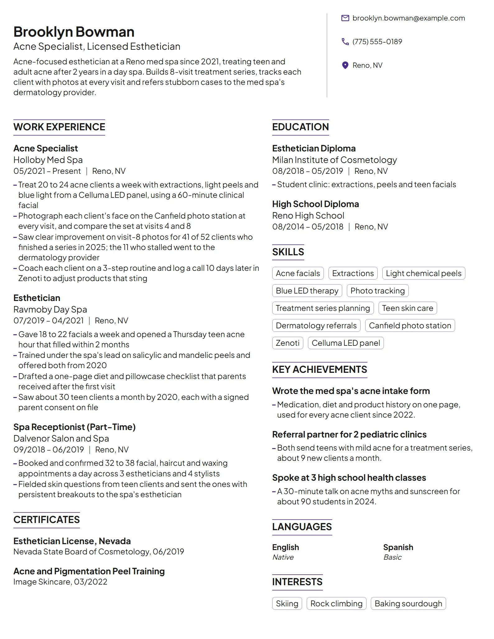 Acne Specialist resume example