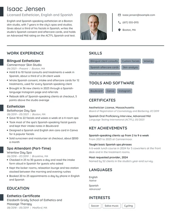Bilingual Esthetician resume example