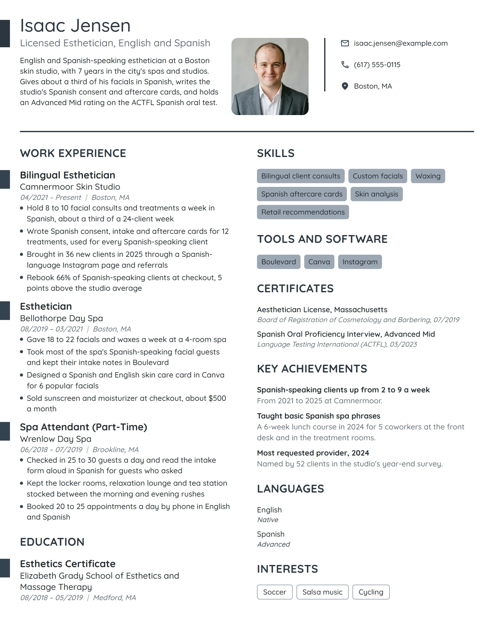 Bilingual Esthetician resume example