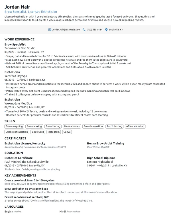 Brow Specialist resume example