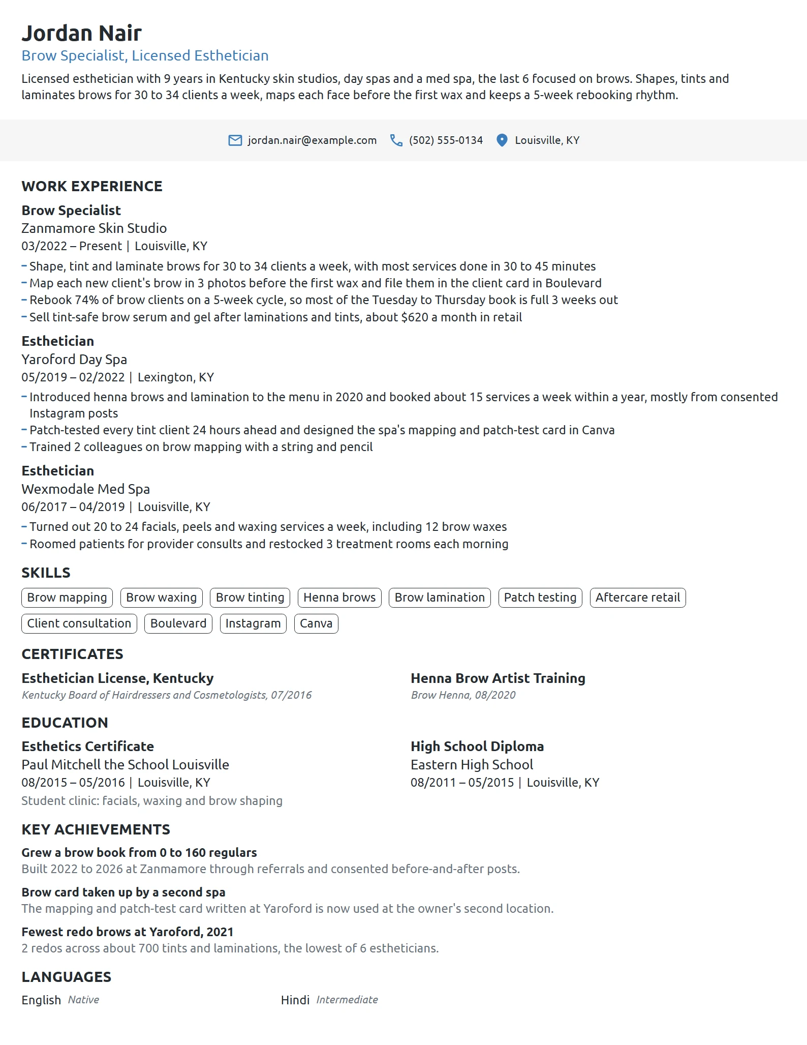 Brow Specialist resume example