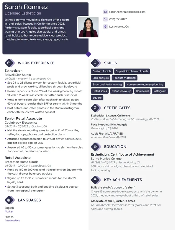 Career Change Esthetician resume example