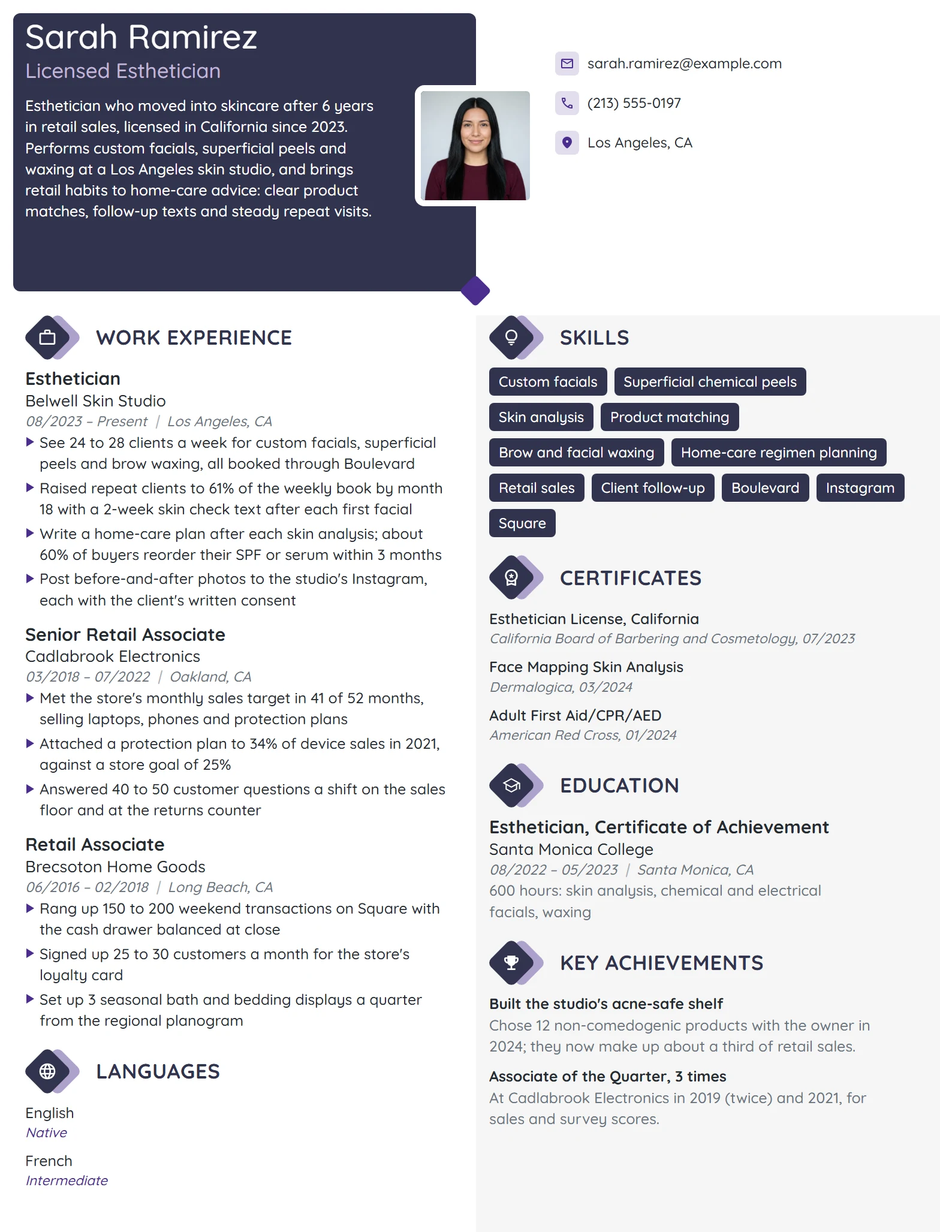 Career Change Esthetician resume example