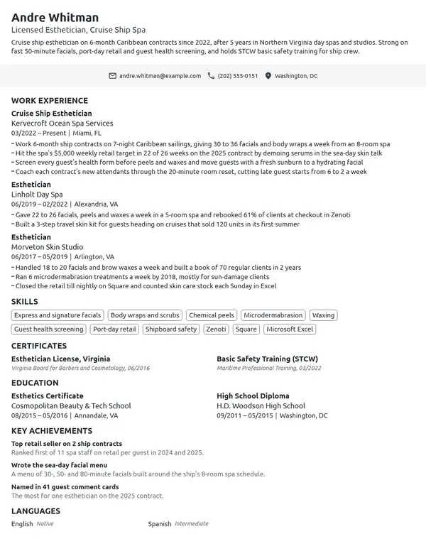 Cruise Ship Esthetician resume example