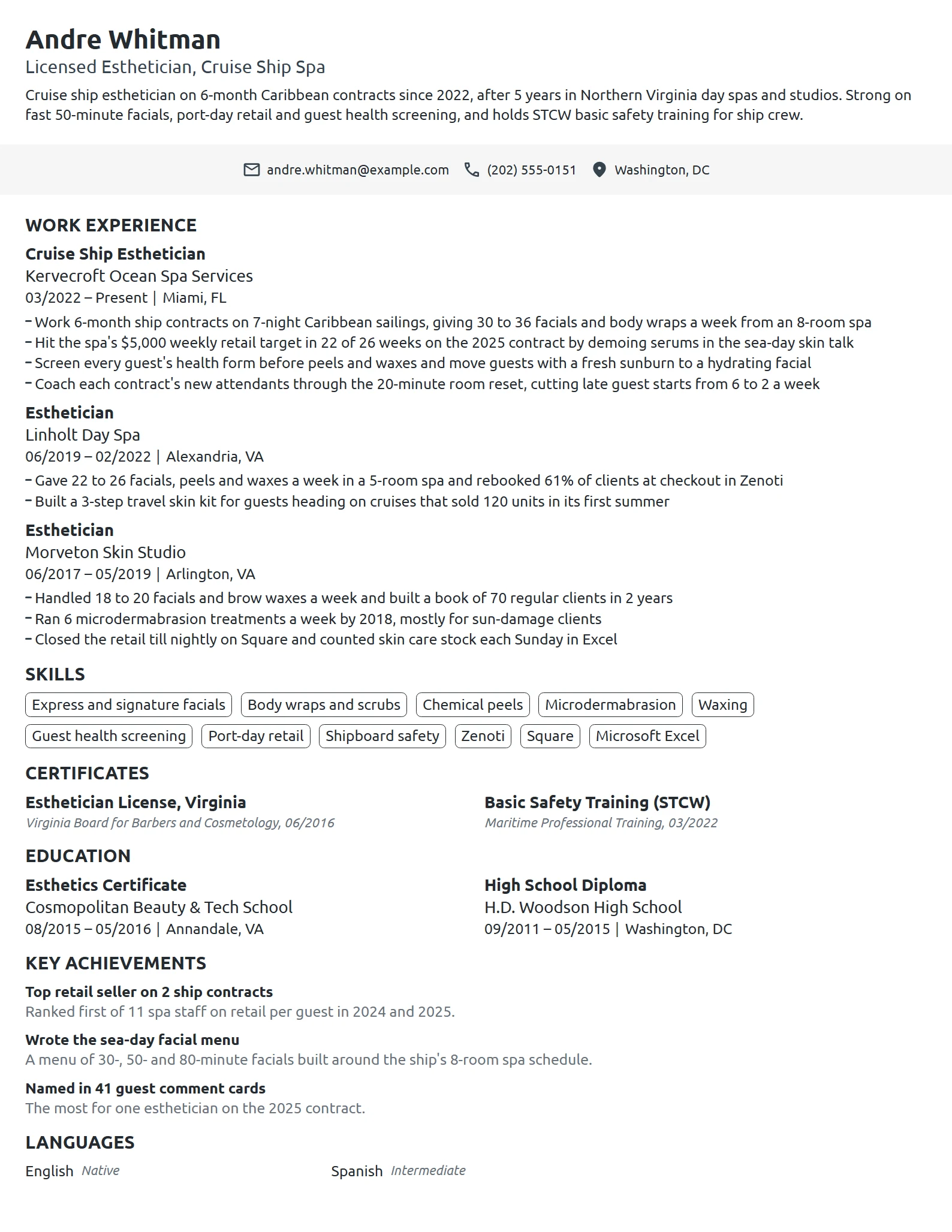 Cruise Ship Esthetician resume example