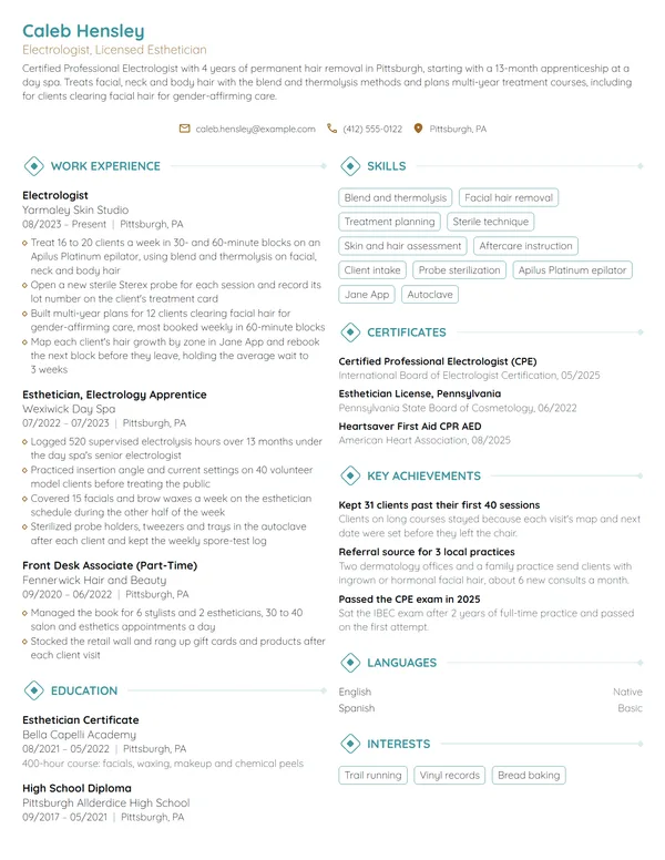 Electrologist resume example