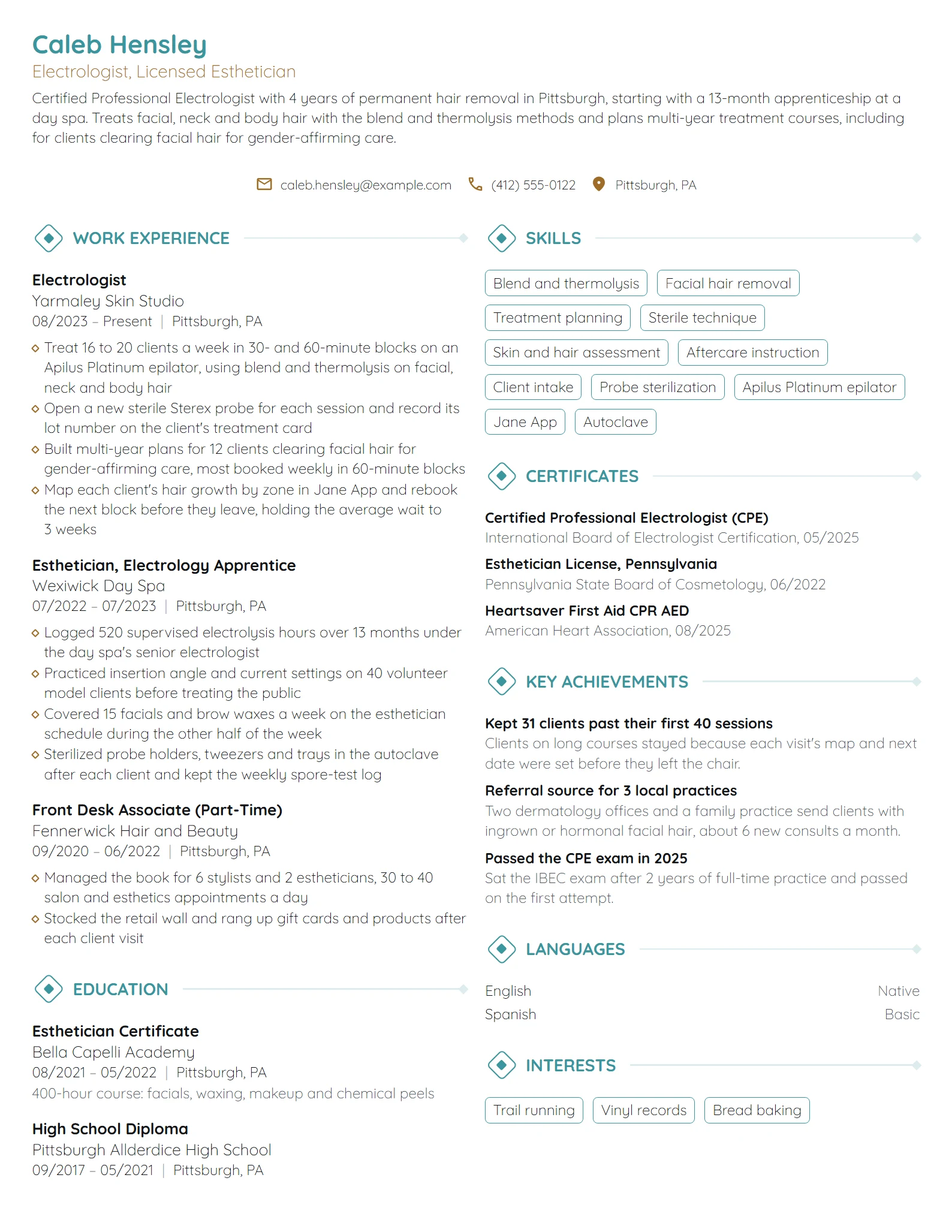 Electrologist resume example