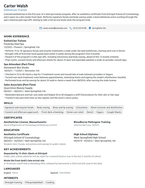 Esthetician Trainee resume example
