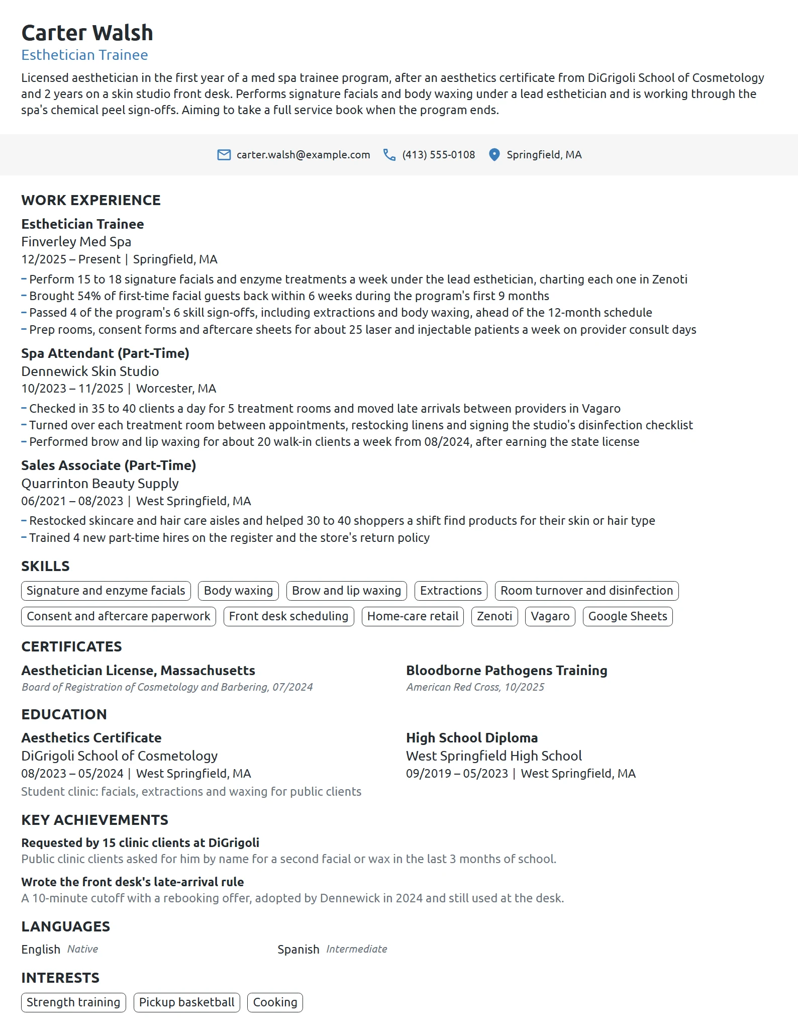 Esthetician Trainee resume example