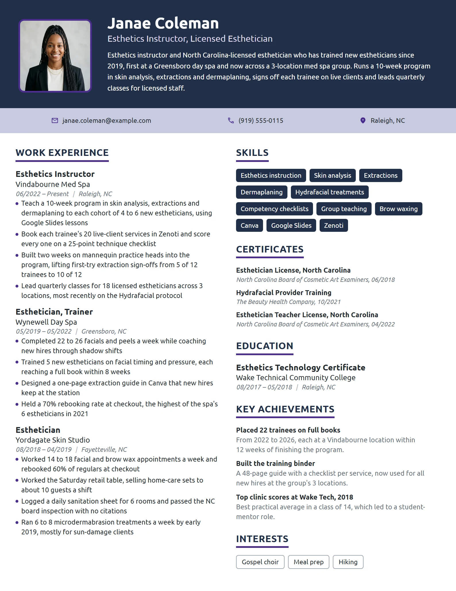 Esthetics Instructor resume example
