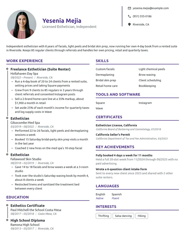 Freelance Esthetician resume example