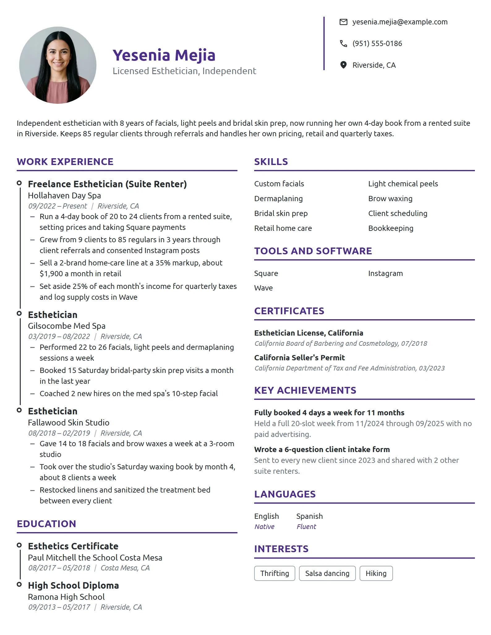 Freelance Esthetician resume example
