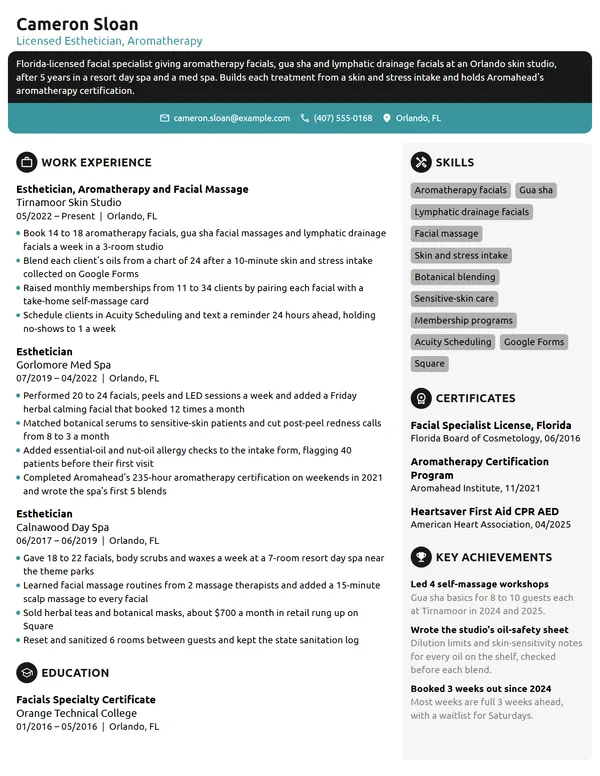 Holistic Esthetician resume example