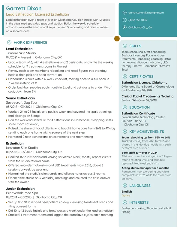 Lead Esthetician resume example