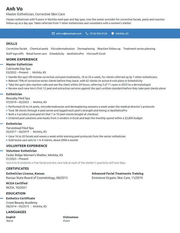 Master Esthetician resume example