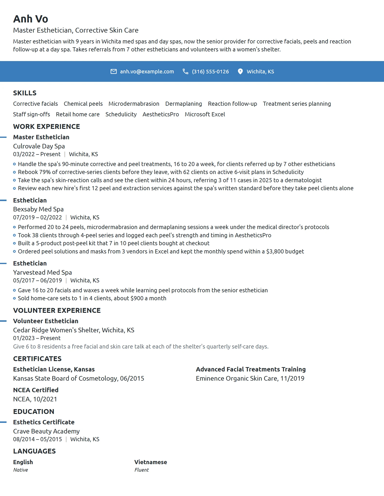 Master Esthetician resume example