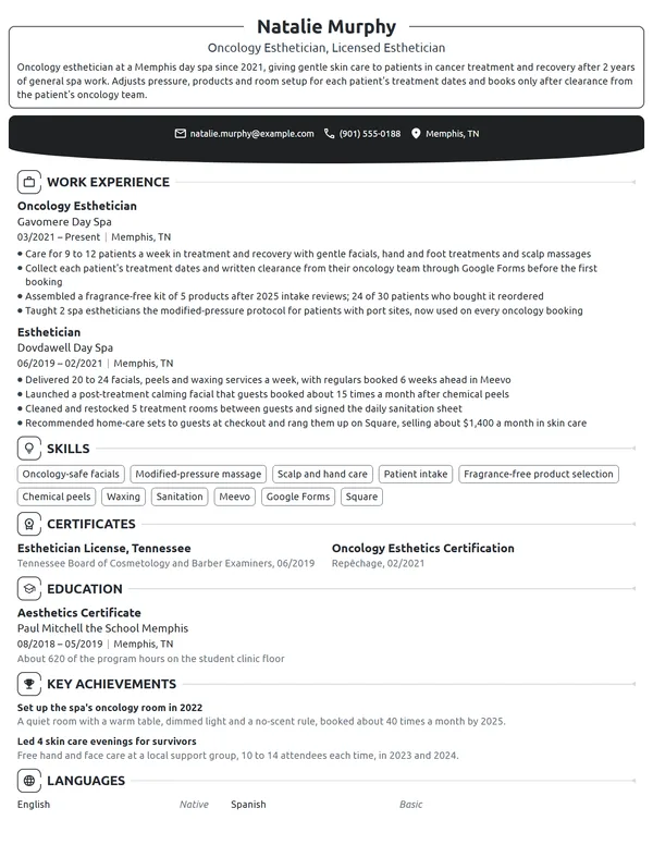 Oncology Esthetician resume example