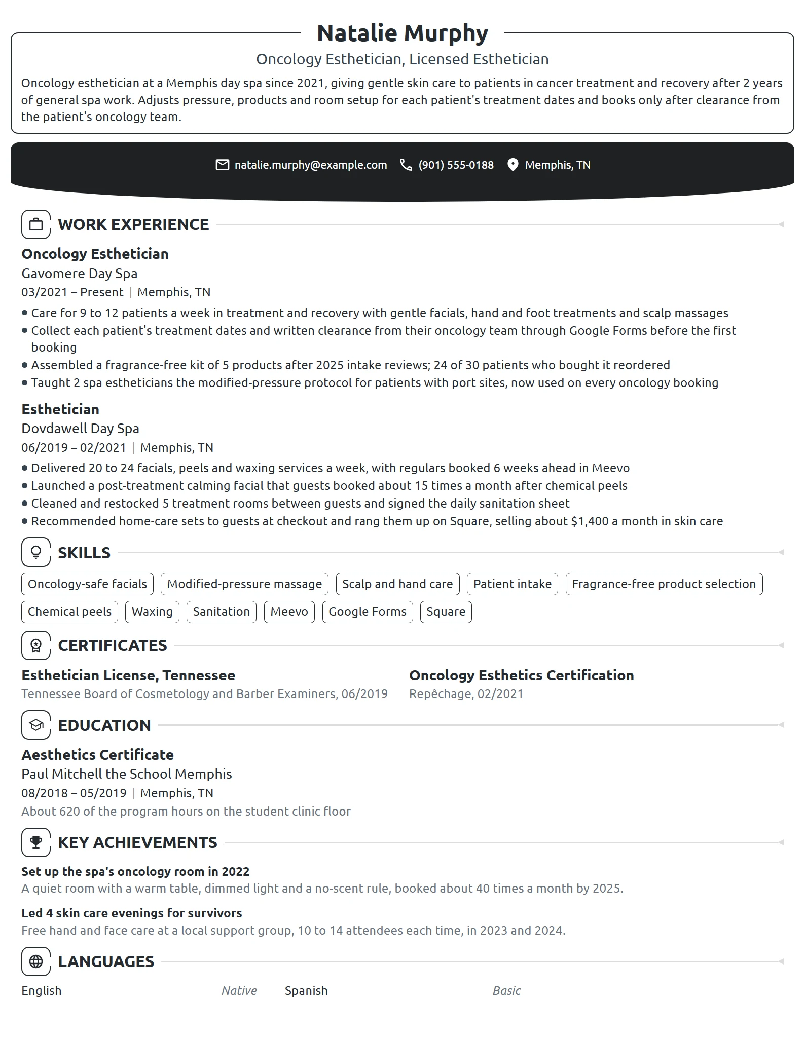 Oncology Esthetician resume example