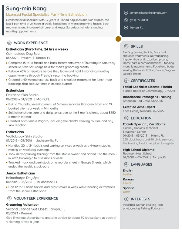 Part-Time Esthetician resume example