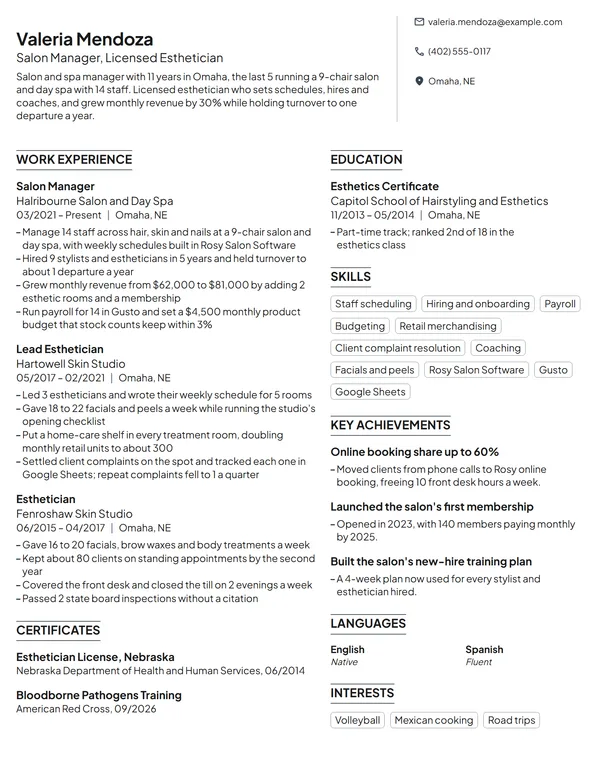 Salon Manager resume example