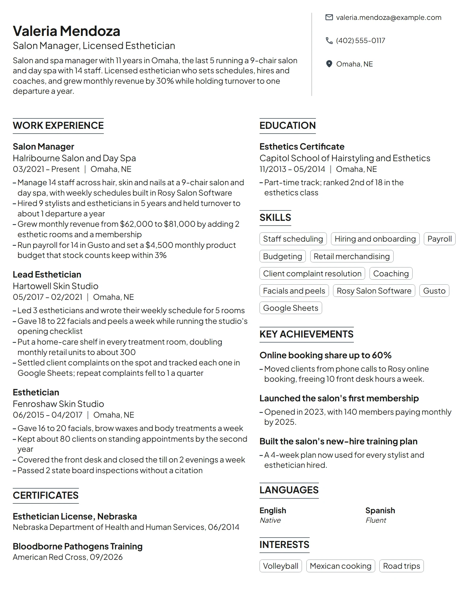 Salon Manager resume example