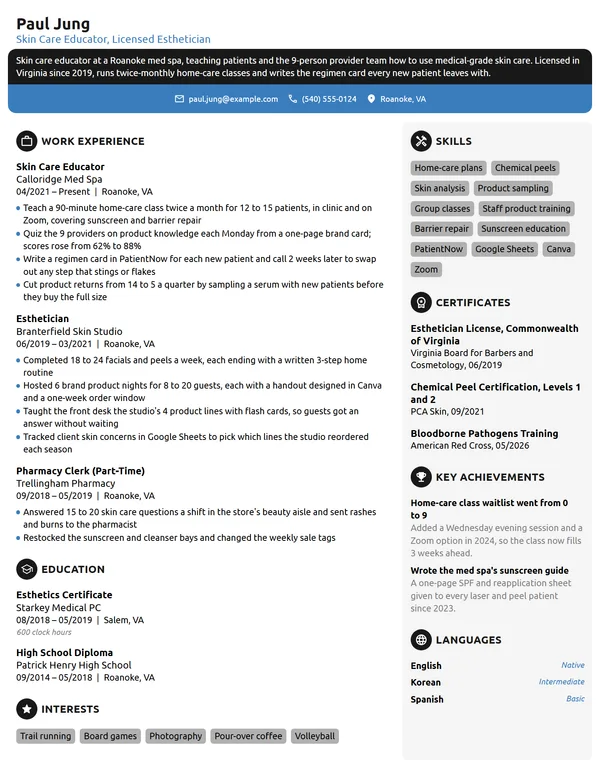 Skin Care Educator resume example