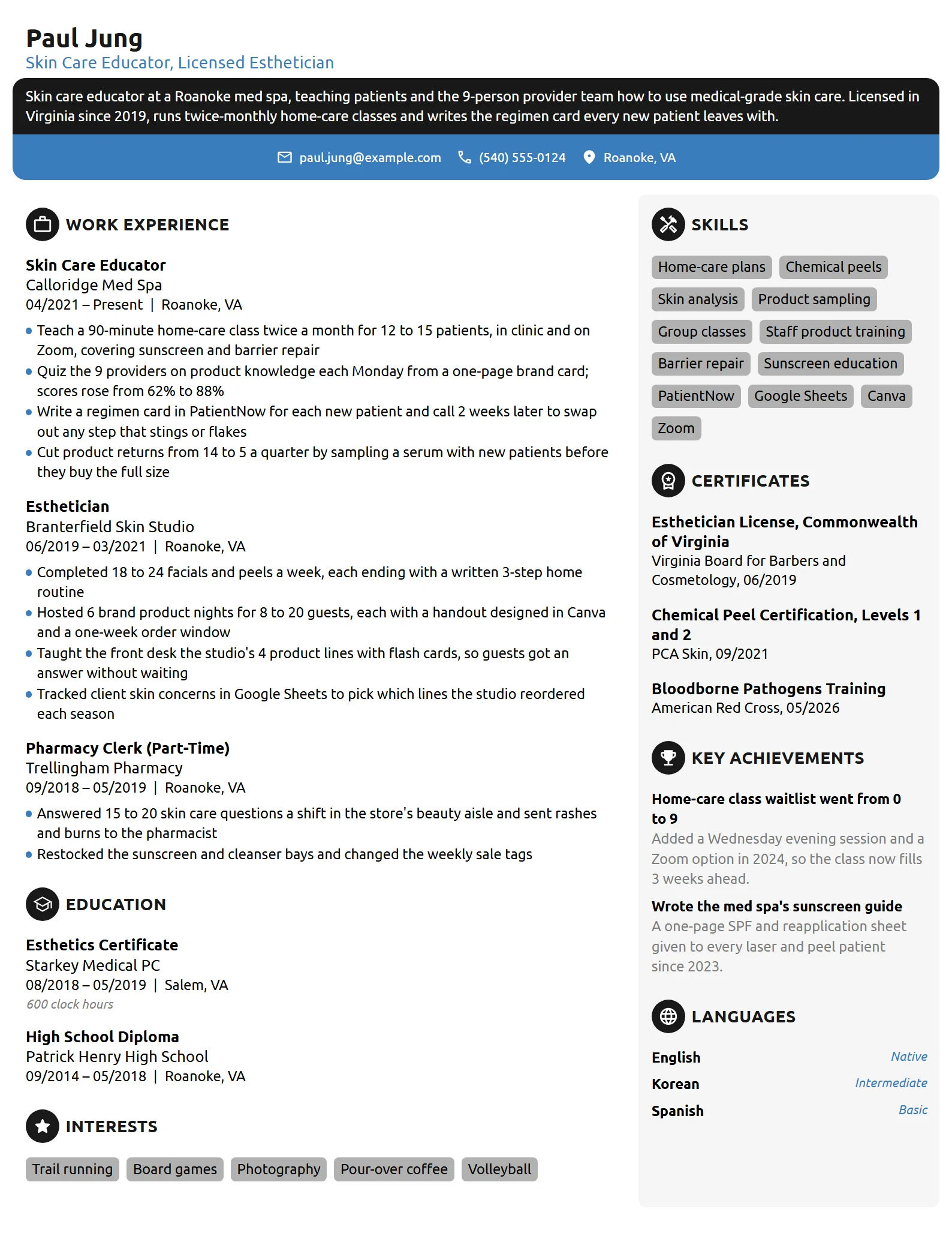 Skin Care Educator resume example