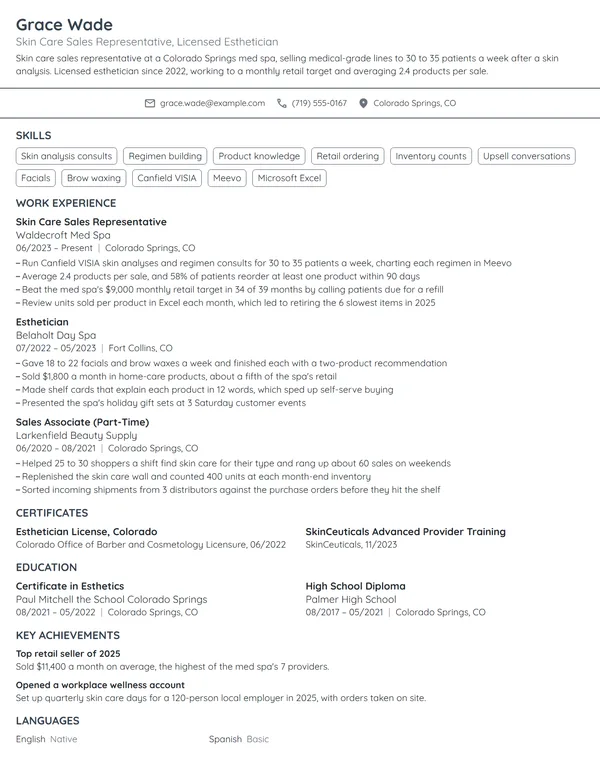 Skin Care Sales Representative resume example