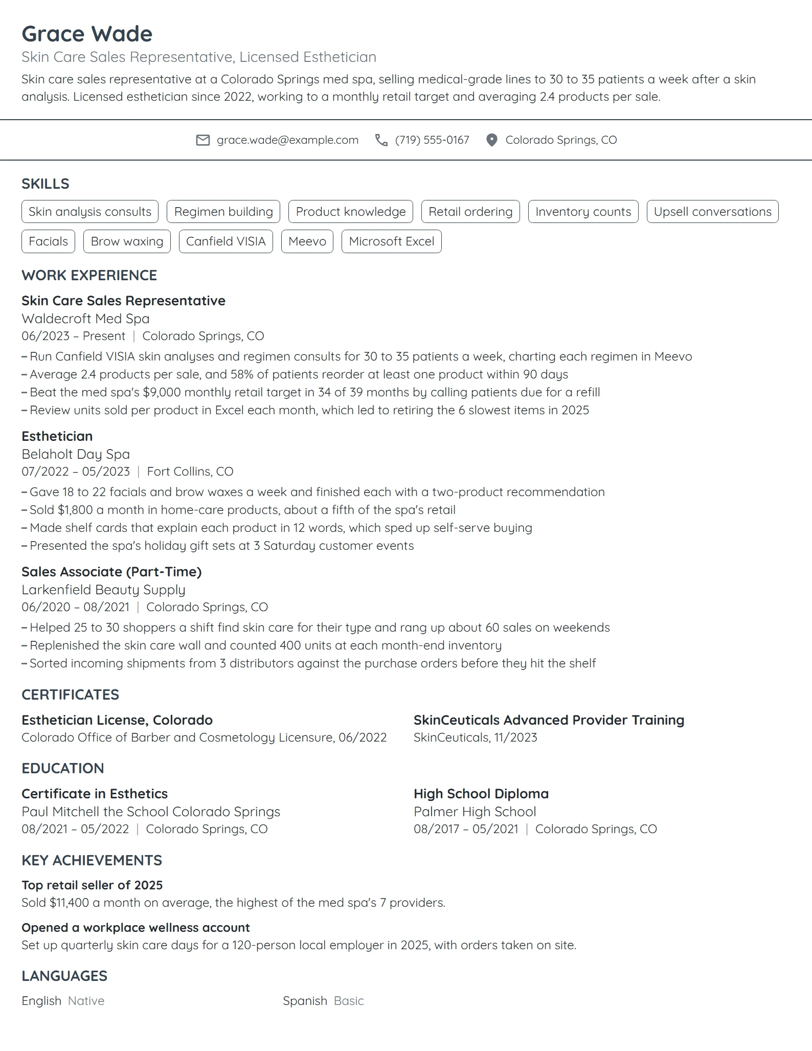 Skin Care Sales Representative resume example