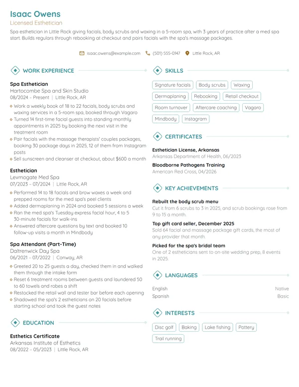 Spa Esthetician resume example