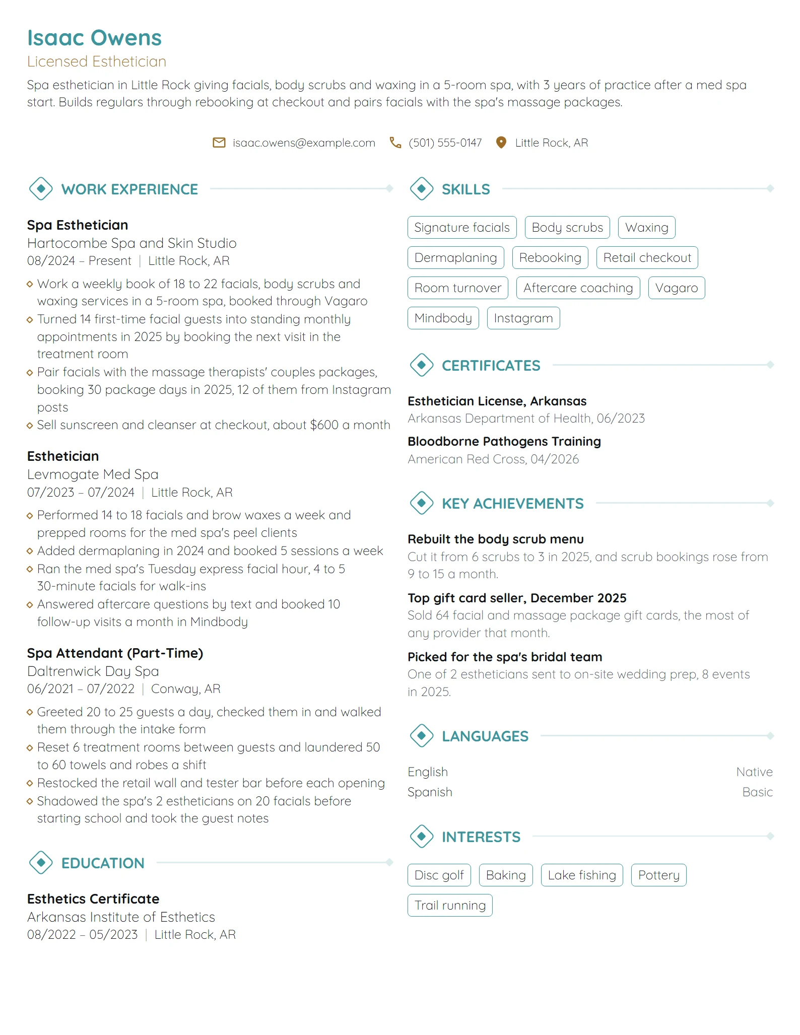 Spa Esthetician resume example