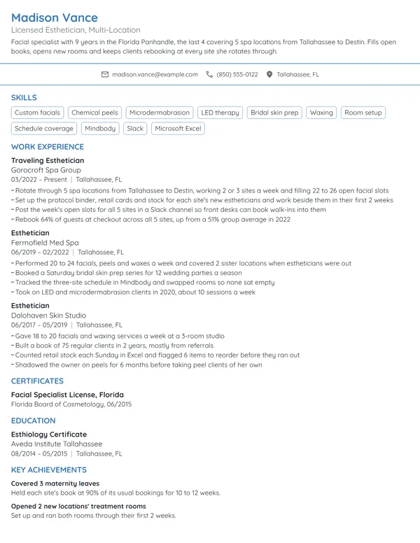 Traveling Esthetician resume example