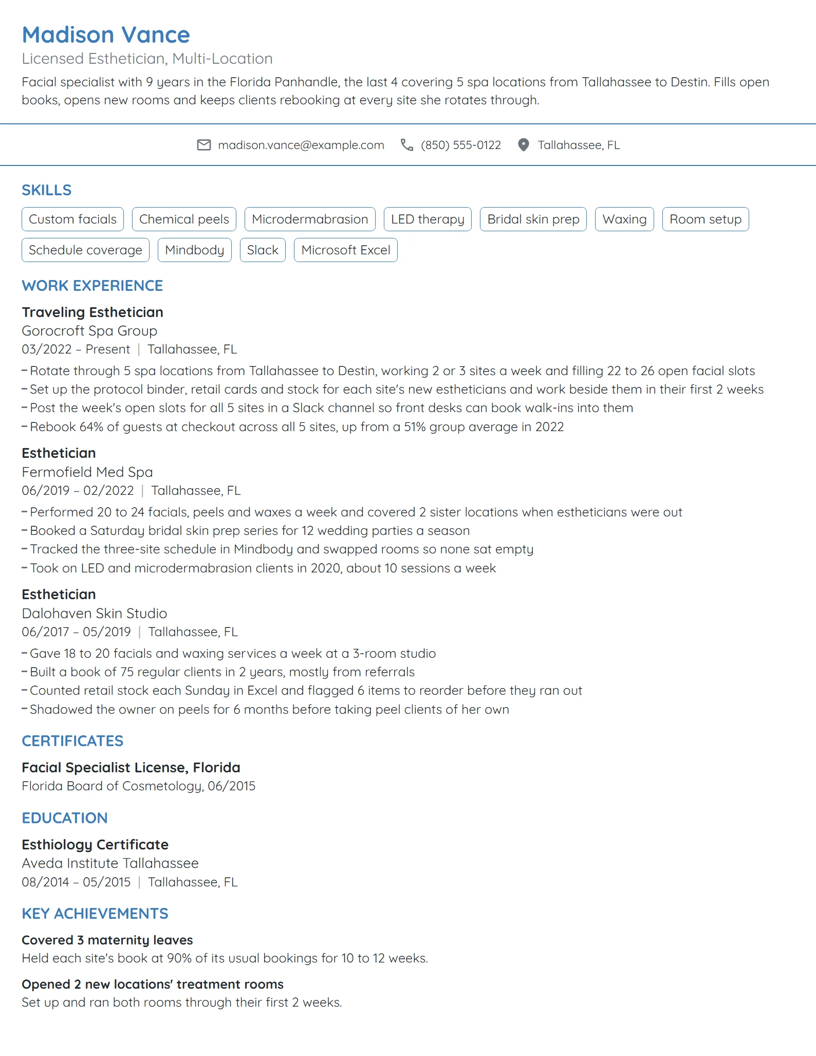 Traveling Esthetician resume example