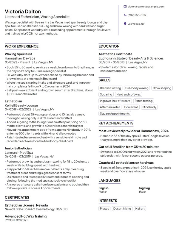 Waxing Specialist resume example