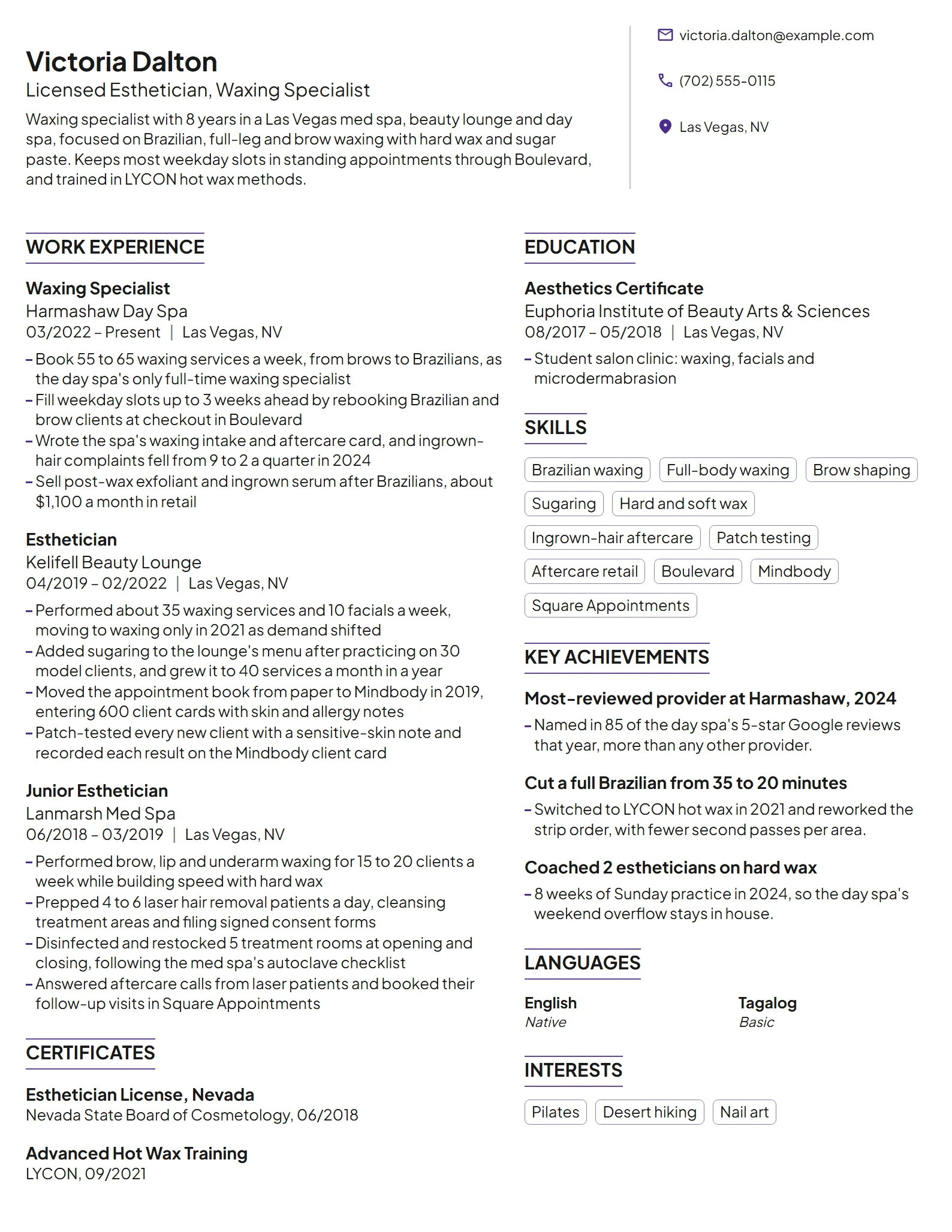 Waxing Specialist resume example