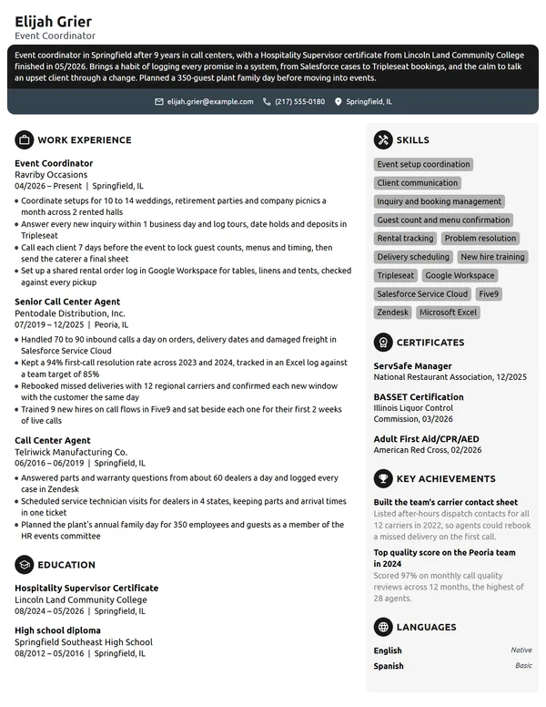 Career Change Event Coordinator resume example