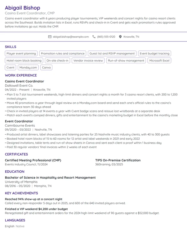 Casino Event Coordinator resume example