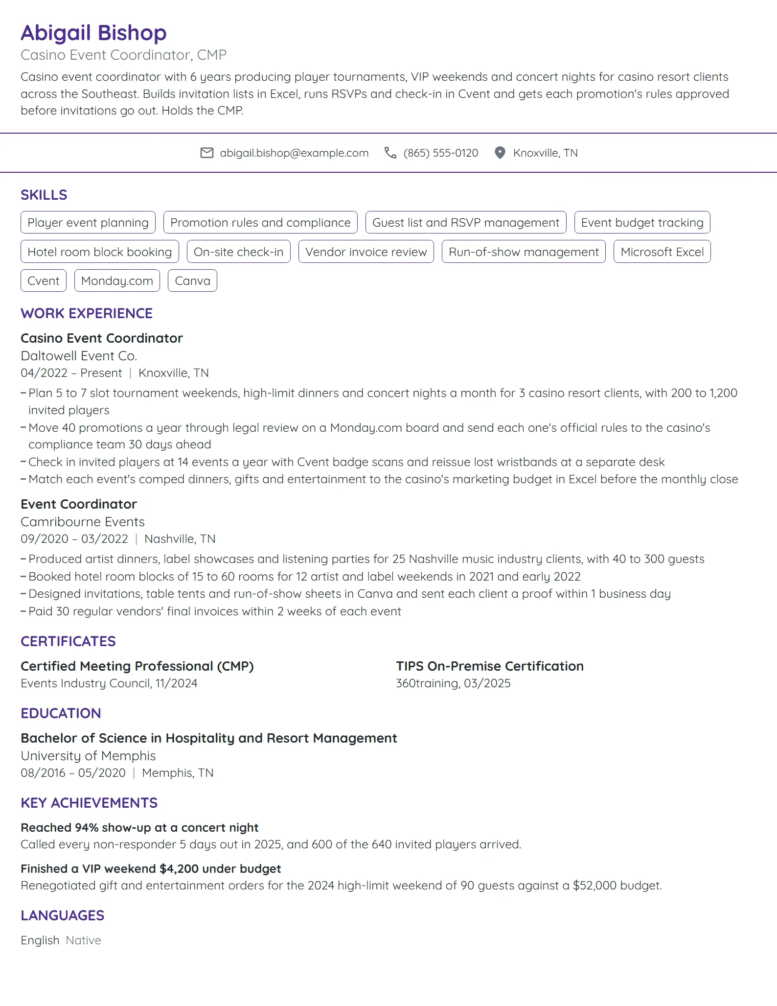 Casino Event Coordinator resume example