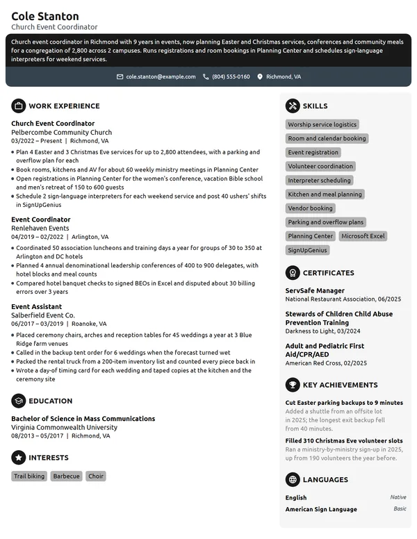 Church Event Coordinator resume example