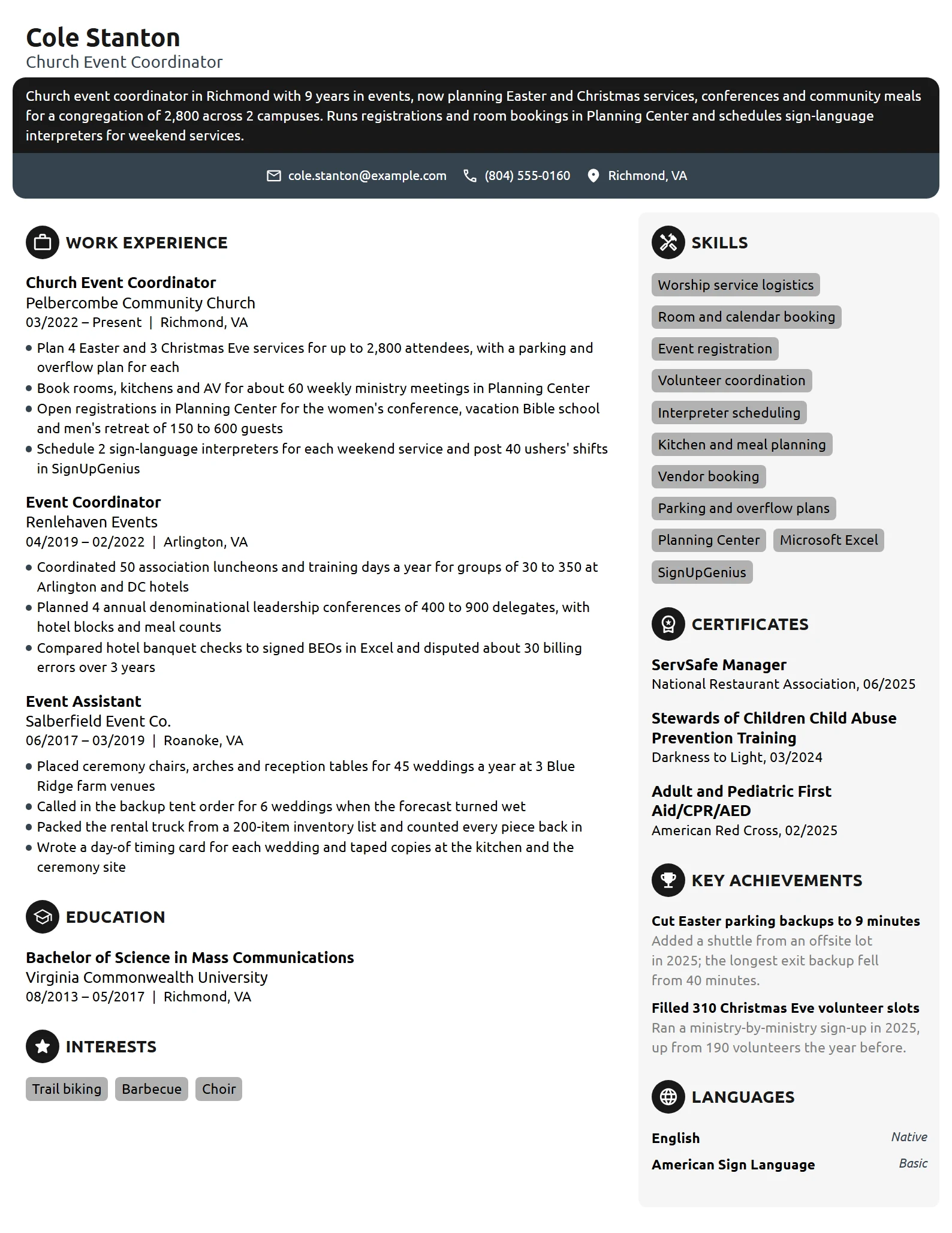 Church Event Coordinator resume example