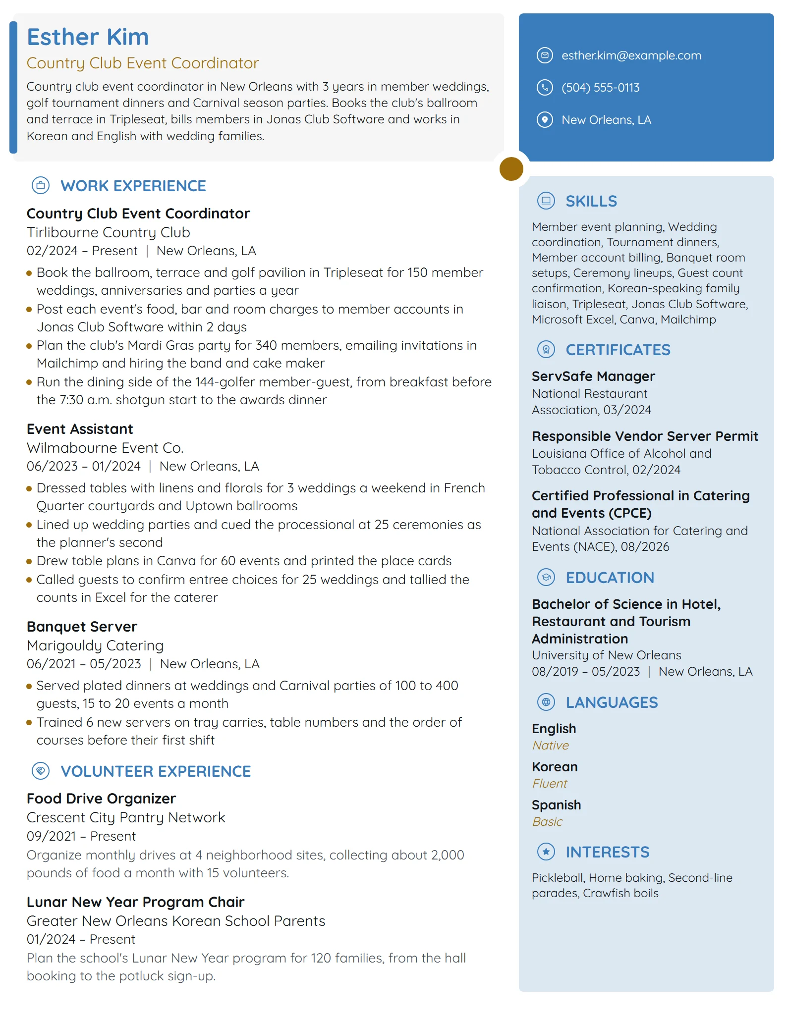 Country Club Event Coordinator resume example